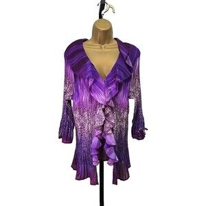 Purple Stretch Open Cardigan Women 2X Ruffle Front Pleated Sparkle Fairy Boho